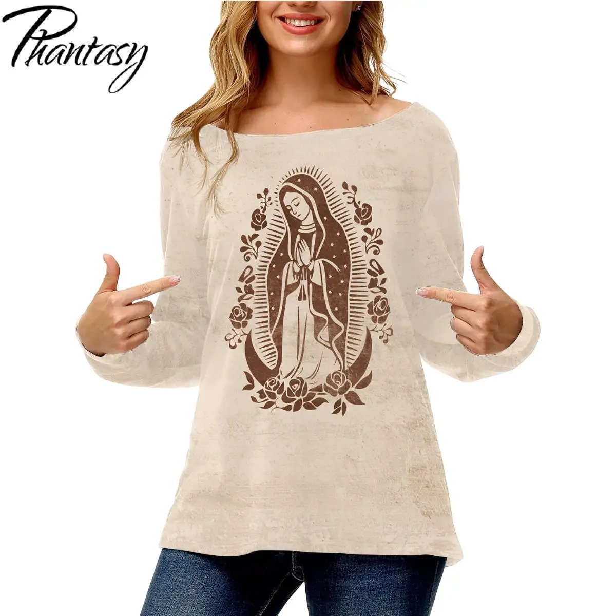 Phantasy Our Lady of Guadalupe Top for Women Virgin Mary Print Long Sleeve Shirt O-neck Sexy Streetwear Spring Summer Clothes