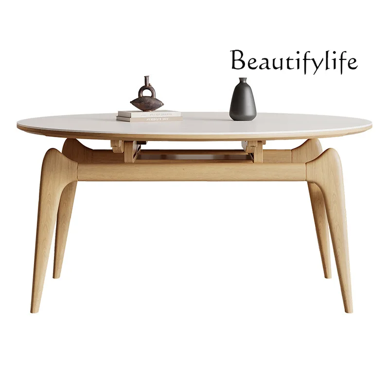 

Modern simple telescopic rock slab dining table round household small apartment square and round dual-purpose