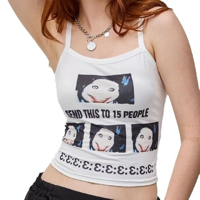 Y2K Creepy Meme Print Spaghetti Strap Crop Top Women Gothic Horror Graphic Slim Fit Cami Tank Vest