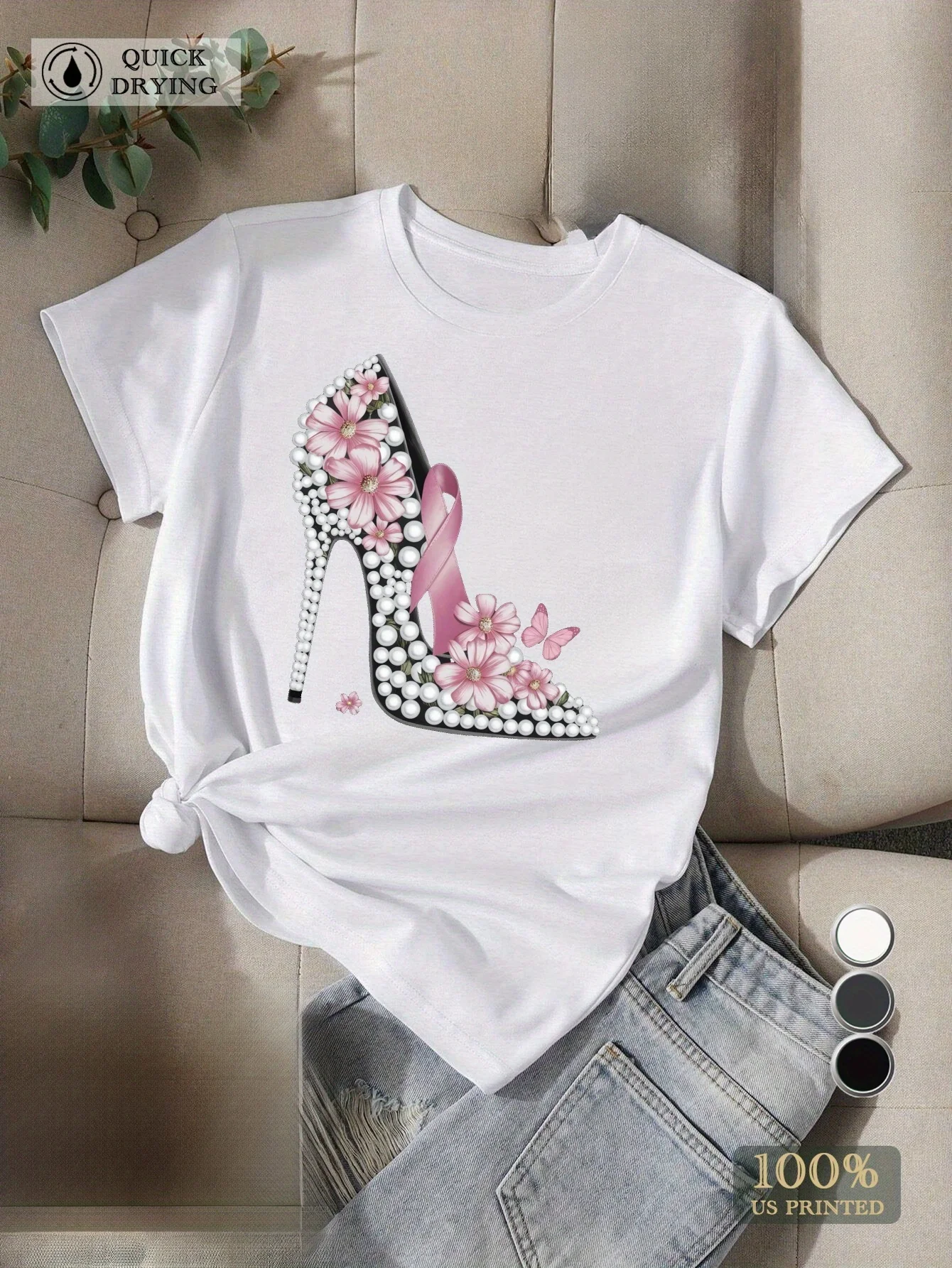 

Women's Tee Black with Pink Pearl Floral High Heel Shoe Illustration Casual Short Sleeve Round Neck Showing Elegant Style
