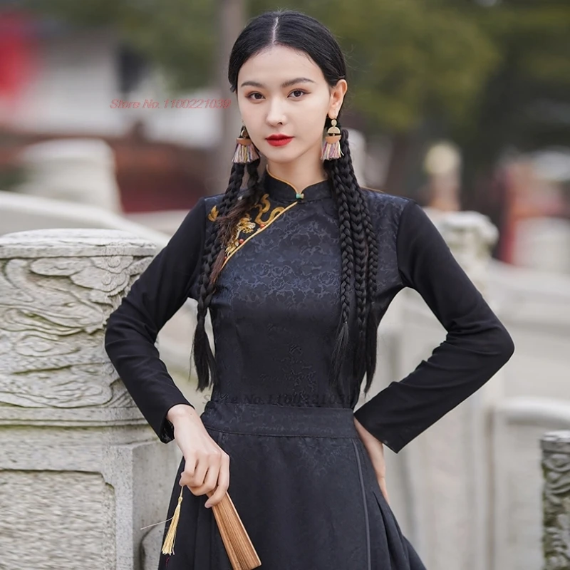 

2024 chinese ethnic hanfu tops national flower embroidery satin jacquard qipao blouse oriental improved stand collar folk blouse