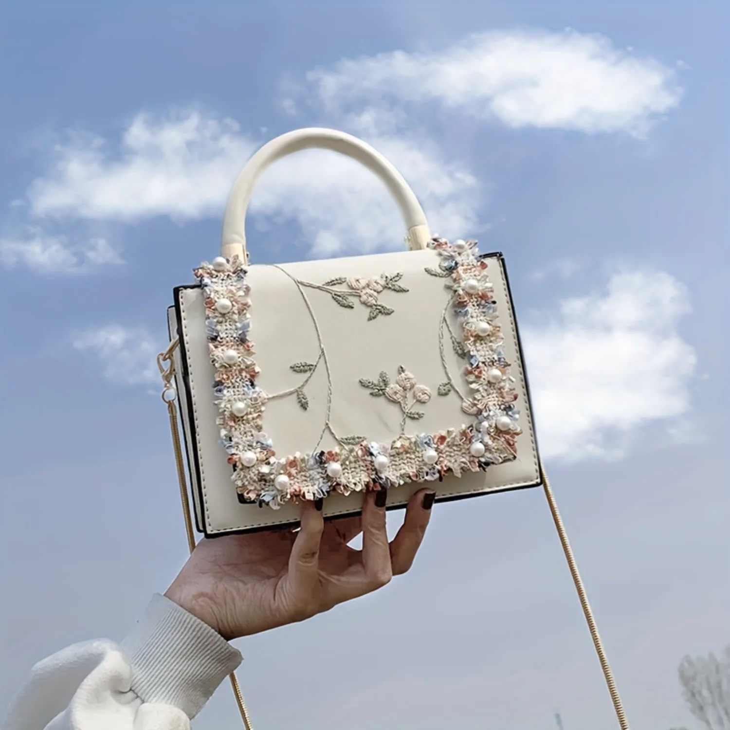 

Flower Embroidered & Bead Decor Square Bag, Lace Decor Shoulder Bag, Flap Crossbody Bag For Work