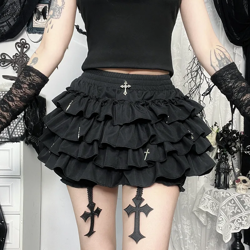 Women Skirts Harajuku Kawaii Y2K E-girl Rivet Puff Culottes Aesthetic Gothic Short Dress Vintage Girl Black Punk Cake Skirt-pant
