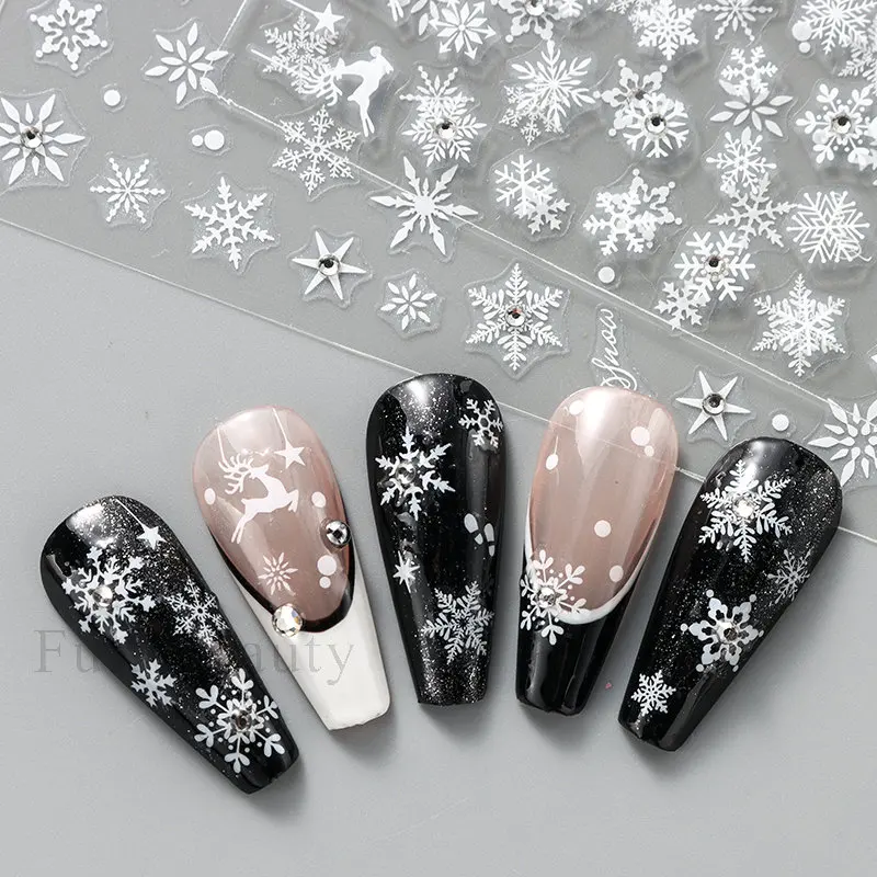 2pcs White Snowflake Nail Stickers With Sparkling Crystal Rhinestones Winter Christmas Design Self-Adhesive Sliders Decals Festi