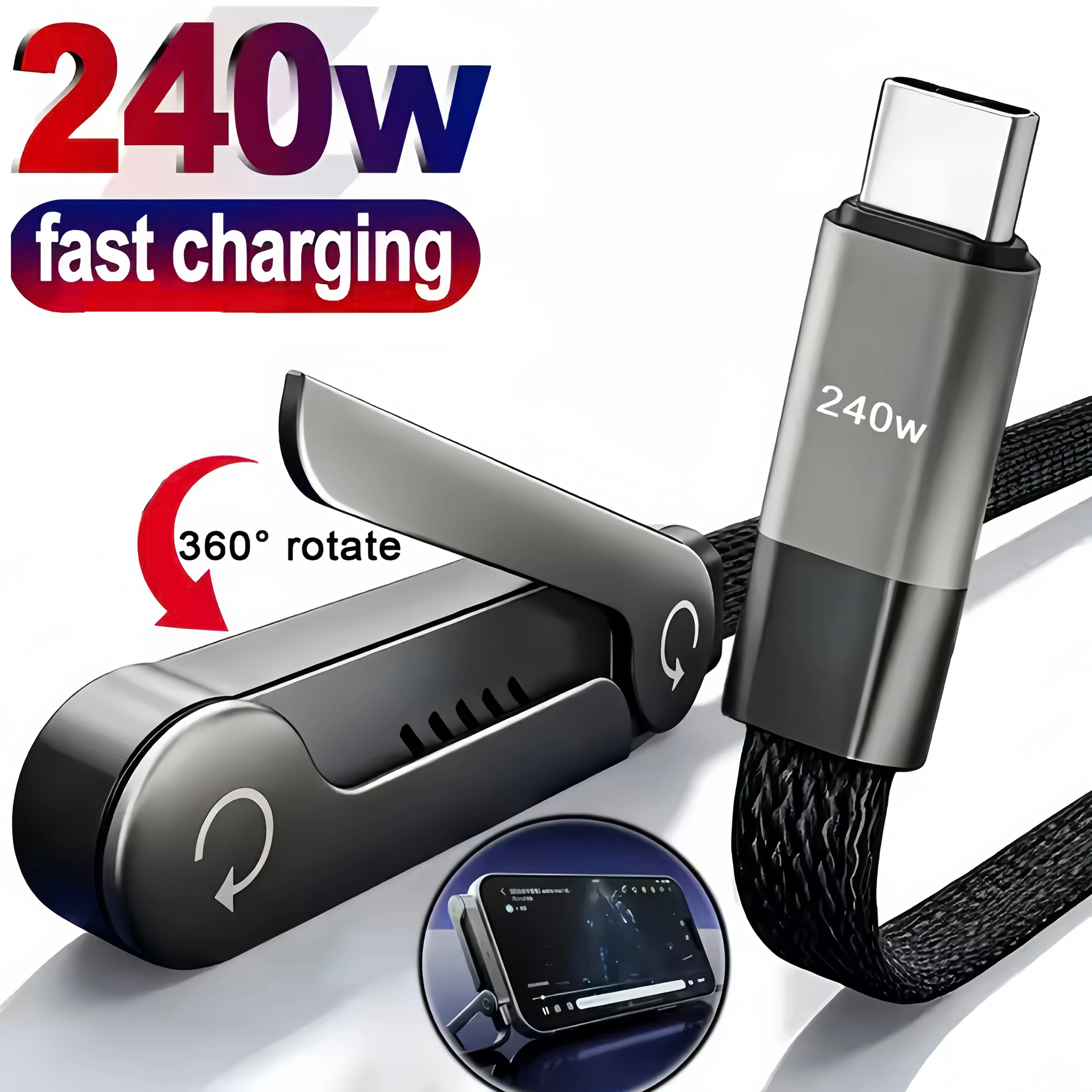 Foldable Charging Cable With Integrated Stand Fast Charging Cable Phone Tablet 240W Ultra-Fast Data Cable Phone Holder New