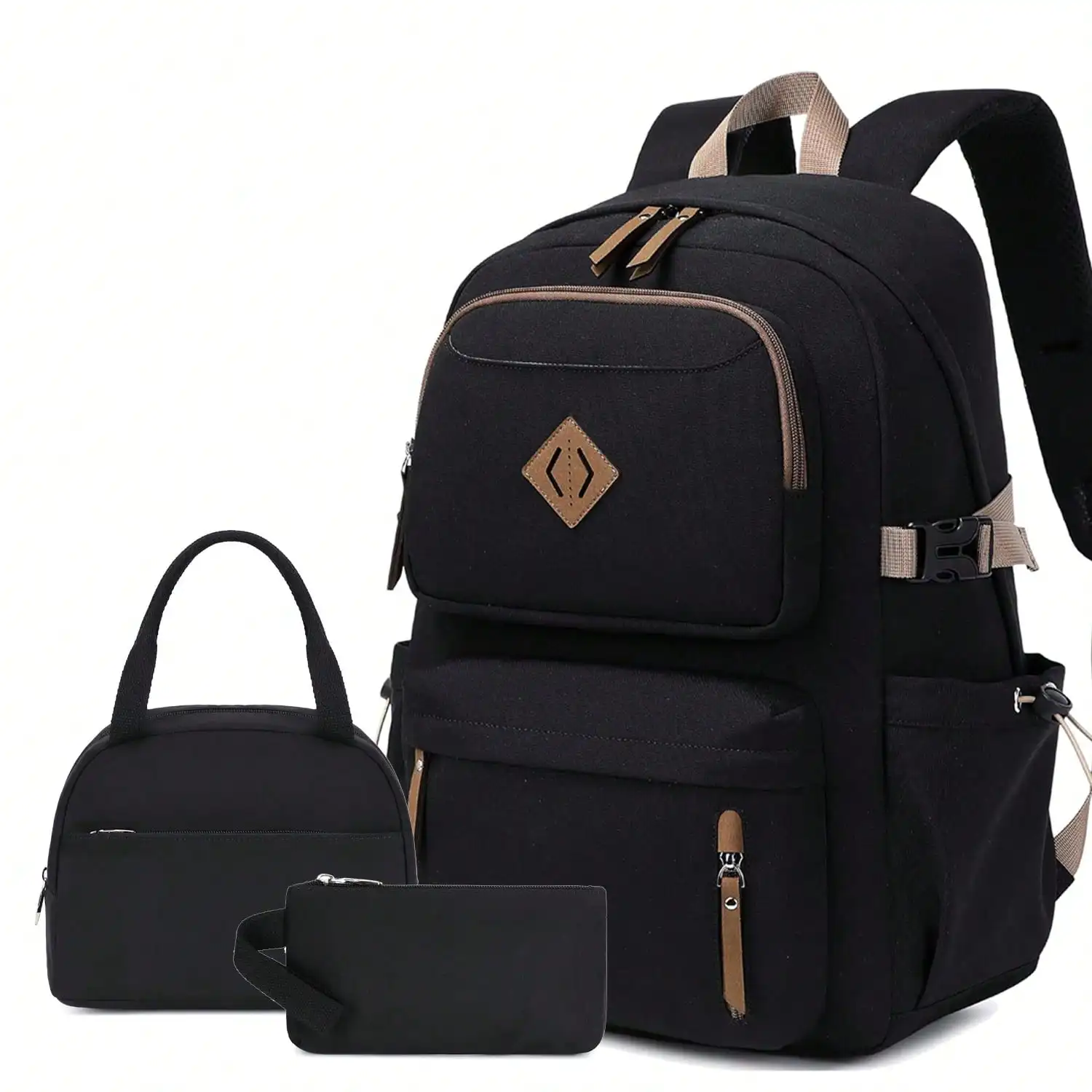 3pcs With Lunch Bag Pen Bag Women's Backpack 15.6-Inch Laptop Backpack Waterproof Men's Travel Backpack Cute Backpack, Solid Color Design Backpack