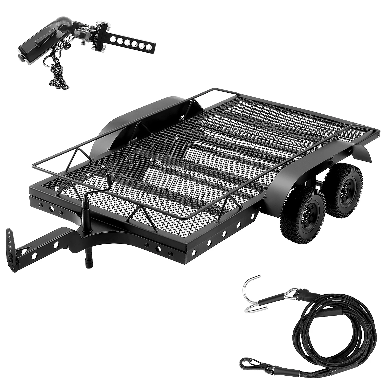 DashRC 1/10 RC Trailer for Hauling Behind Car, Metal Flatbed Trailer Builder Kit for RC Crawler TRX4 TRX6 SCX10 Gen8 Upgrades