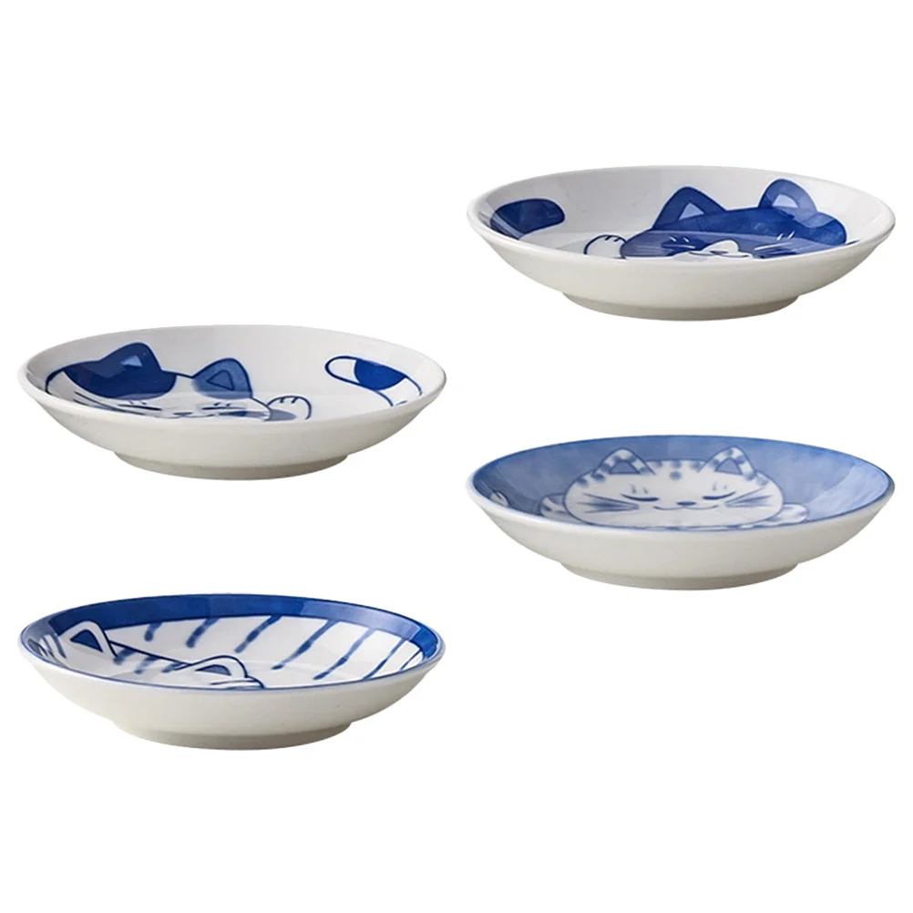 

4 Pcs Cat Soy Sauce Dishes Small Ceramic Plates for Oil Vinegar Condiments Appetizers Sushi Snacks Japanese Dinnerware Mini