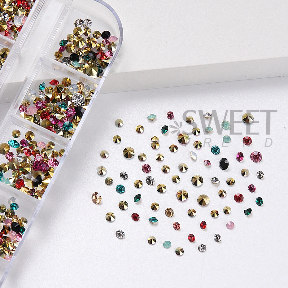 12 Grids Colorful Pointed Bottom Nails Art Rhinestones 3D Crystal Glitter Gems Rivet Nail Supplies Manicure Decor Accessories