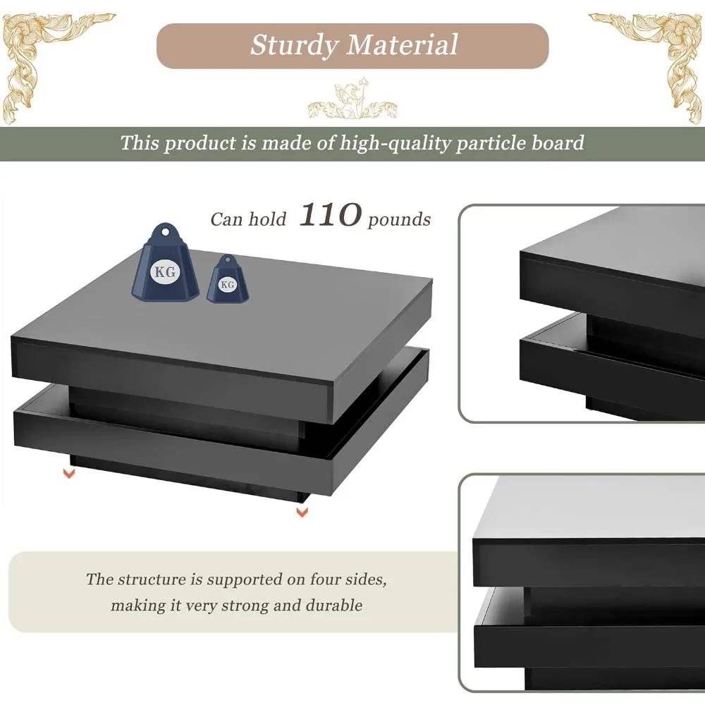 Modern Minimalist Design High Gloss 31.5 Inch 2 Tier Square Coffee Table with Plug-In 16 Color LED Lights for Living Room, Black