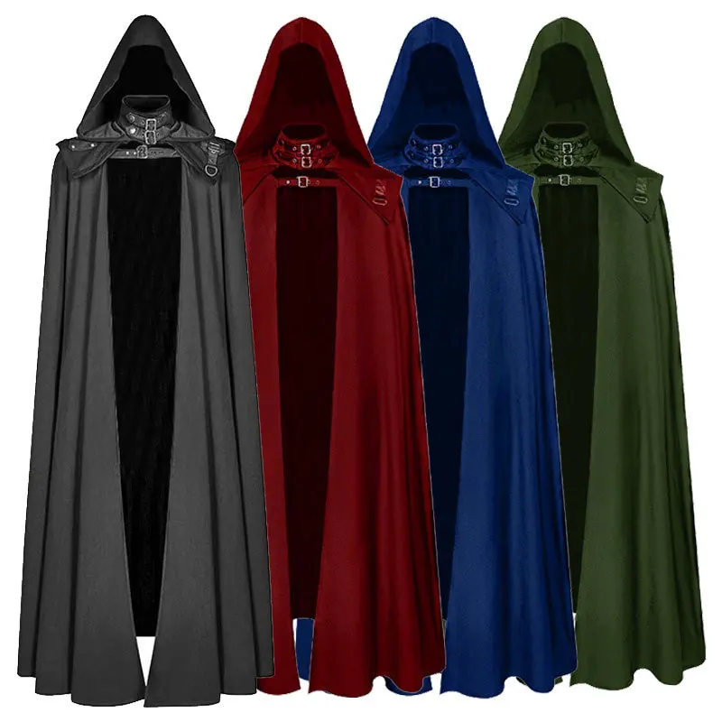 Medieval Gothic Retro Hooded Cape Jackets for Men Long Robe Halloween Cloak Wizard Cosplay