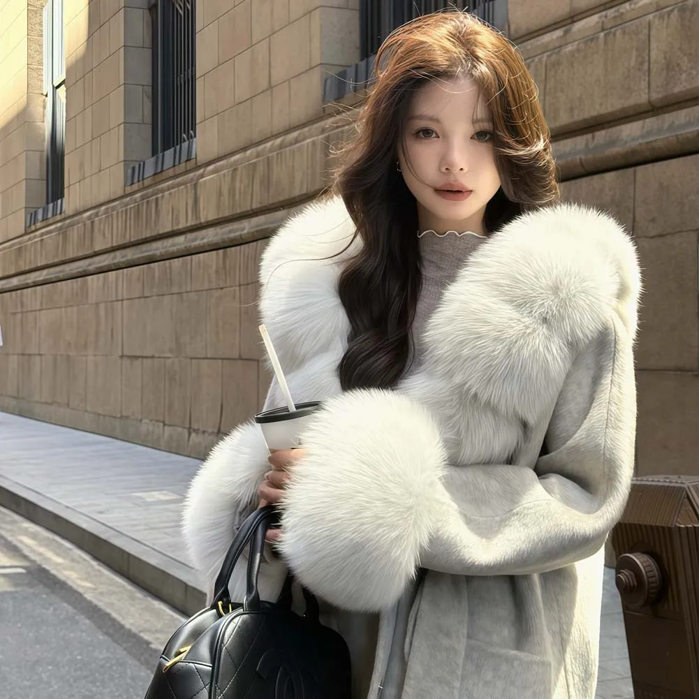 

Oversized fox fur collar double-sided woolen coat women's hooded loose woolen coat with velvet surface