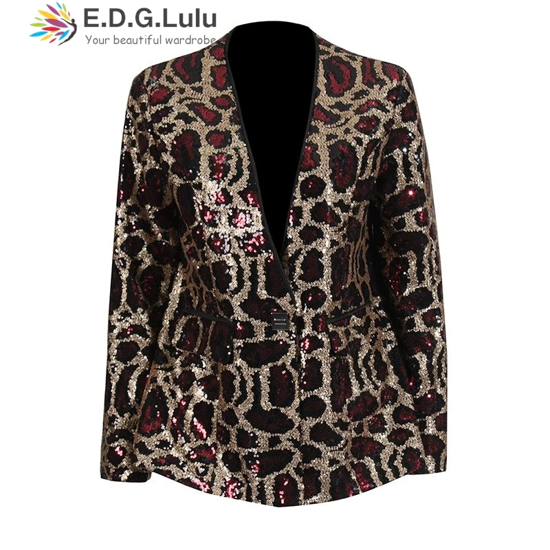 EDGLuLu 2025 Jaket Setelan Gambar Macan Tutul Payet Glitter Desain Baru Musim Semi untuk Wanita Mantel Blazer Lengan Panjang Kerah V 0222