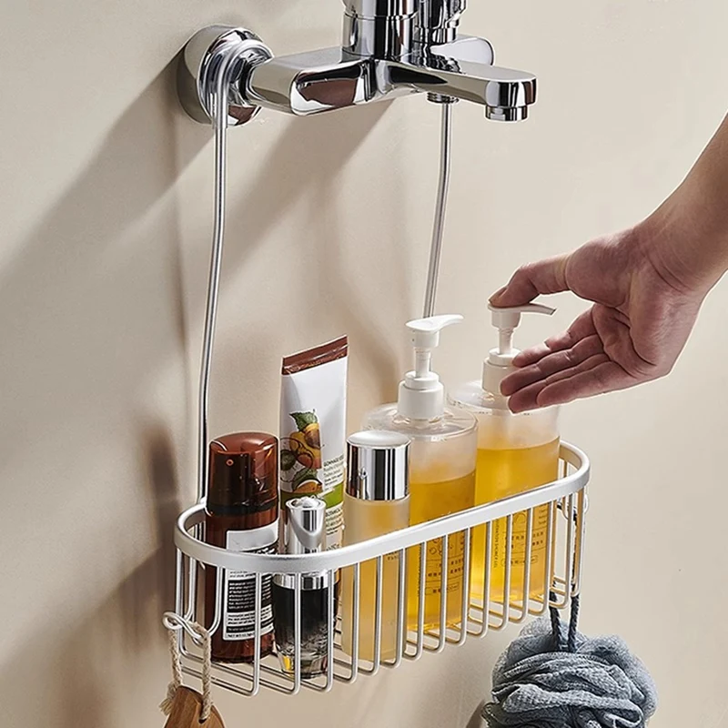 Shower Hanging Organizer Shower Basket with Hooks Storage Shelf No Drilling Shower Rack for Shower Faucet or Bar Grey-A27R