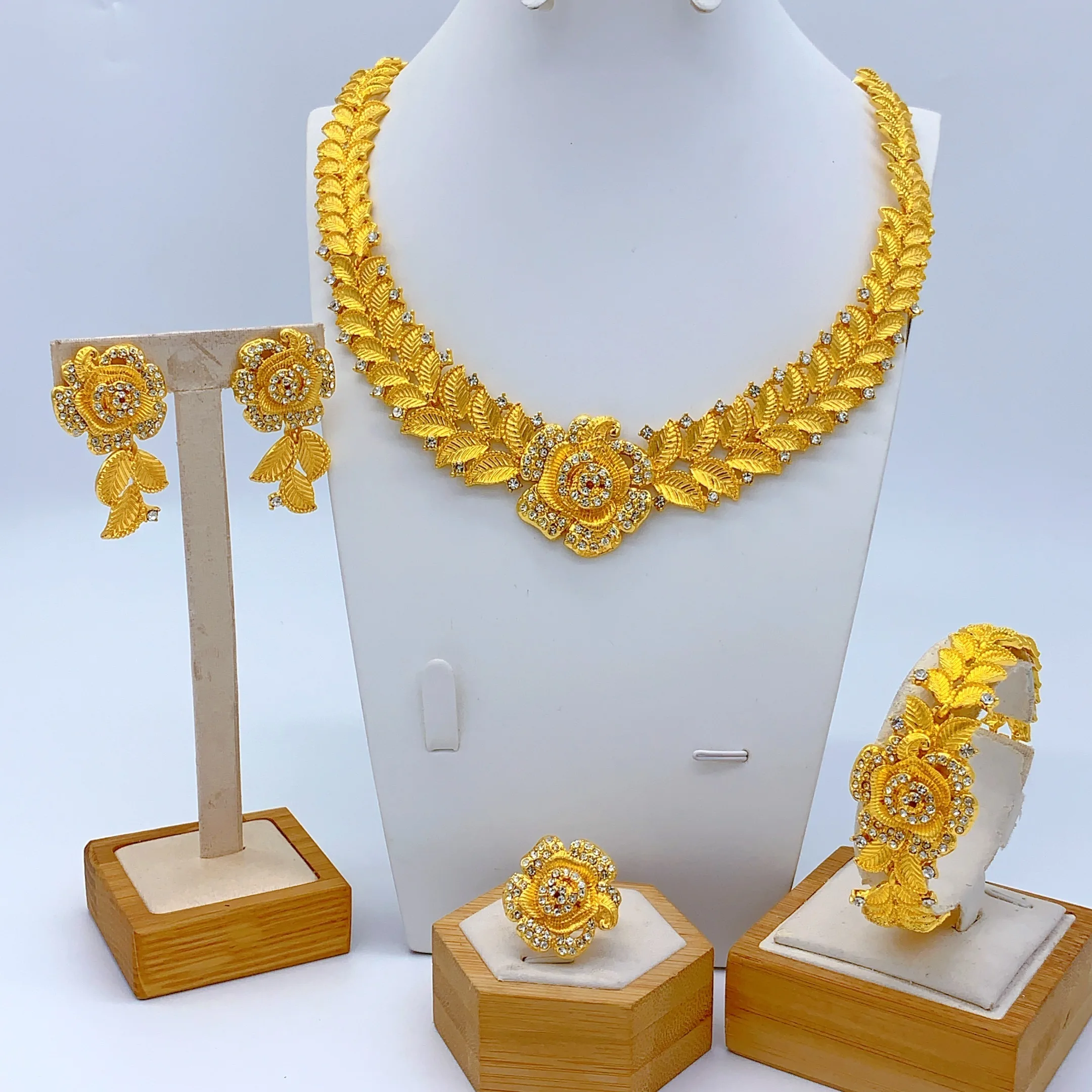 Indian Bridal Gold Plated Jewelry Set For Women Italian African 24K Gold Color Crystal Necklace Earring Set Dubai Party Gifts