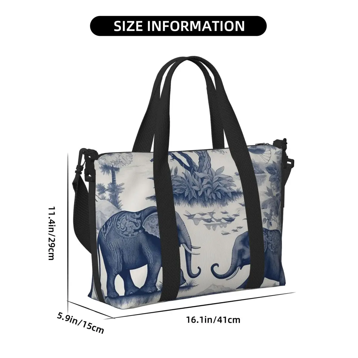 Toile De Jouy Elephants حقيبة سفر للشاطئ ذات سعة كبيرة لصالة الألعاب الرياضية واليوجا للنساء حقيبة كتف واق من المطر للتسوق