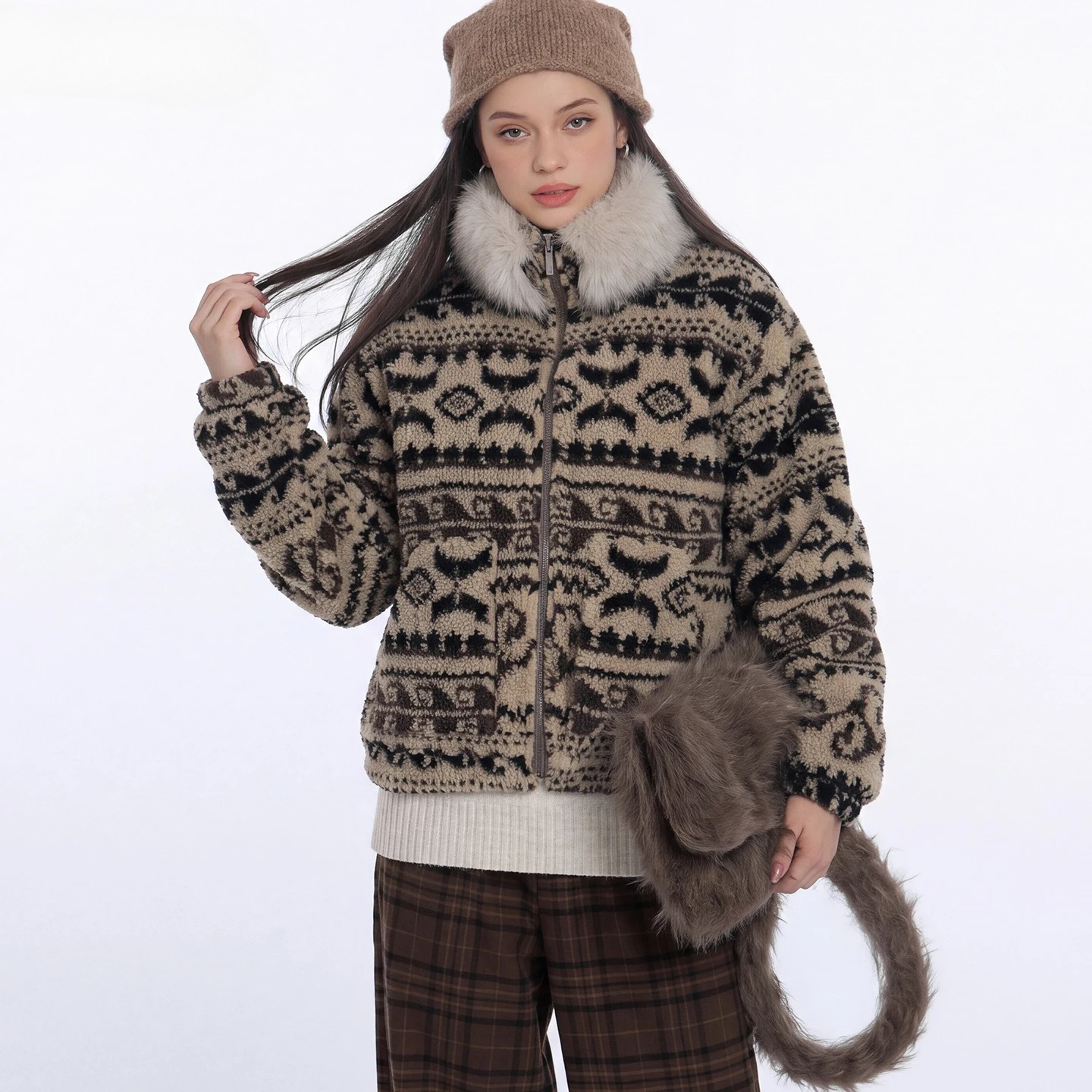 Fair Isle Knit Jacket Faux Fur Collar Winter Warm Thick Spliced Outerwear Trendy Cozy Soft  Women's Elegant Simple Fashion Coats