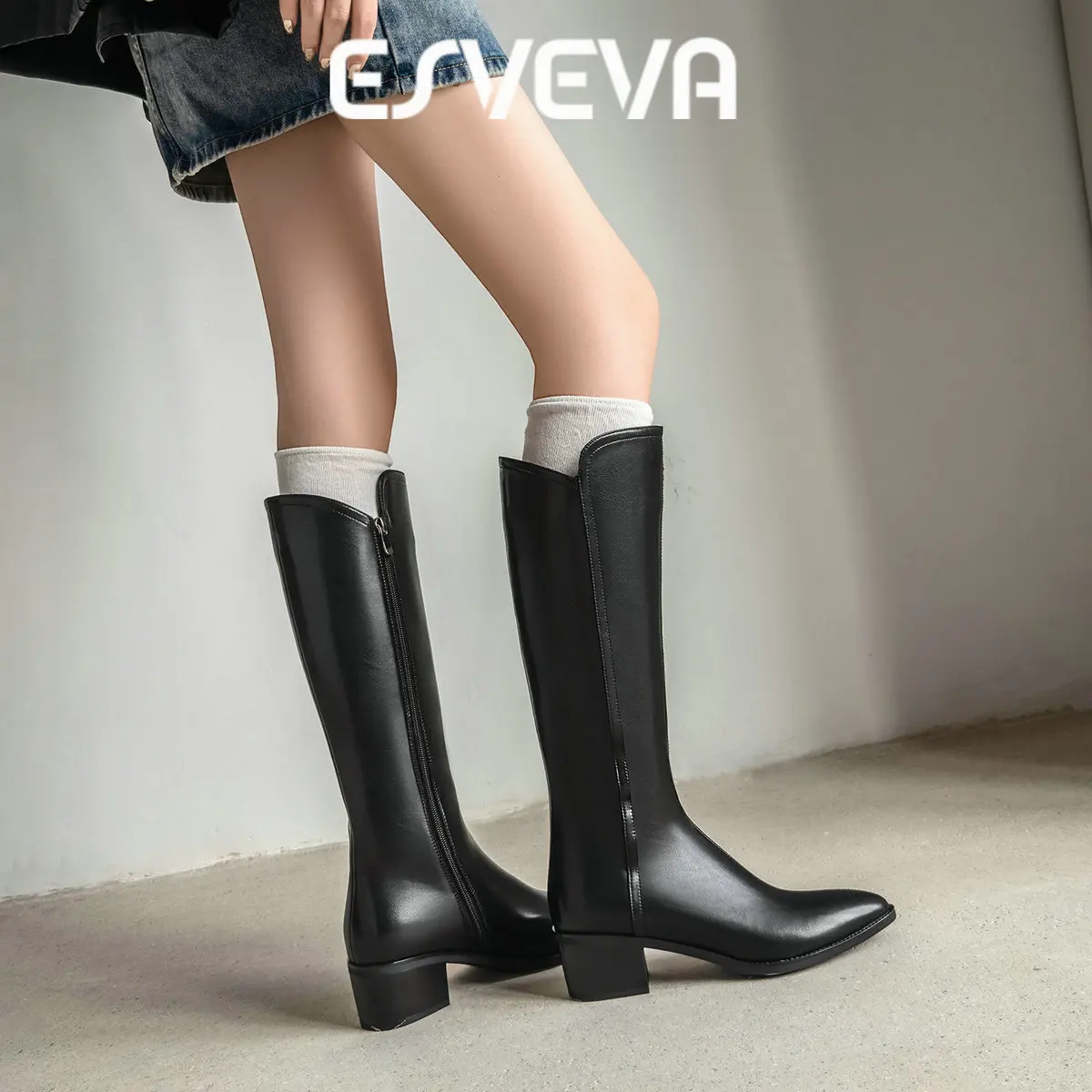 ESVEVA 2027 Fashion Women Knee High Boots Winter Genuine Leather Motorcycle Woman Shoes High Heels Autumn Long Boots 34-41