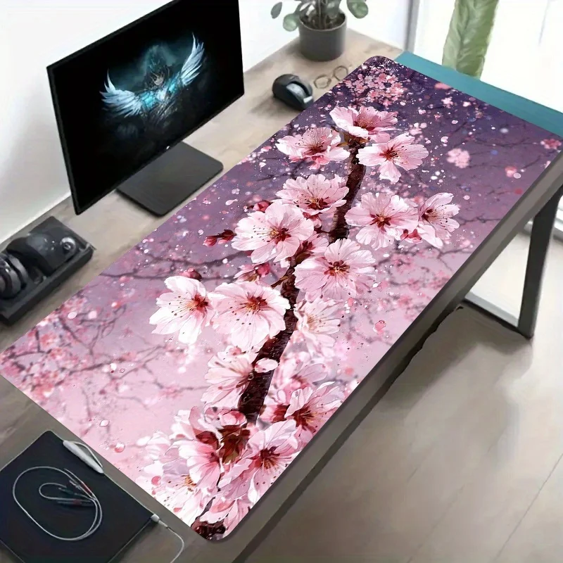 1 Extra-Large Gaming Mouse Pad, Pink Cherry Blossom Floral Branch Design, Non-Slip Washable Rubber Base,Desk Mat Office Computer