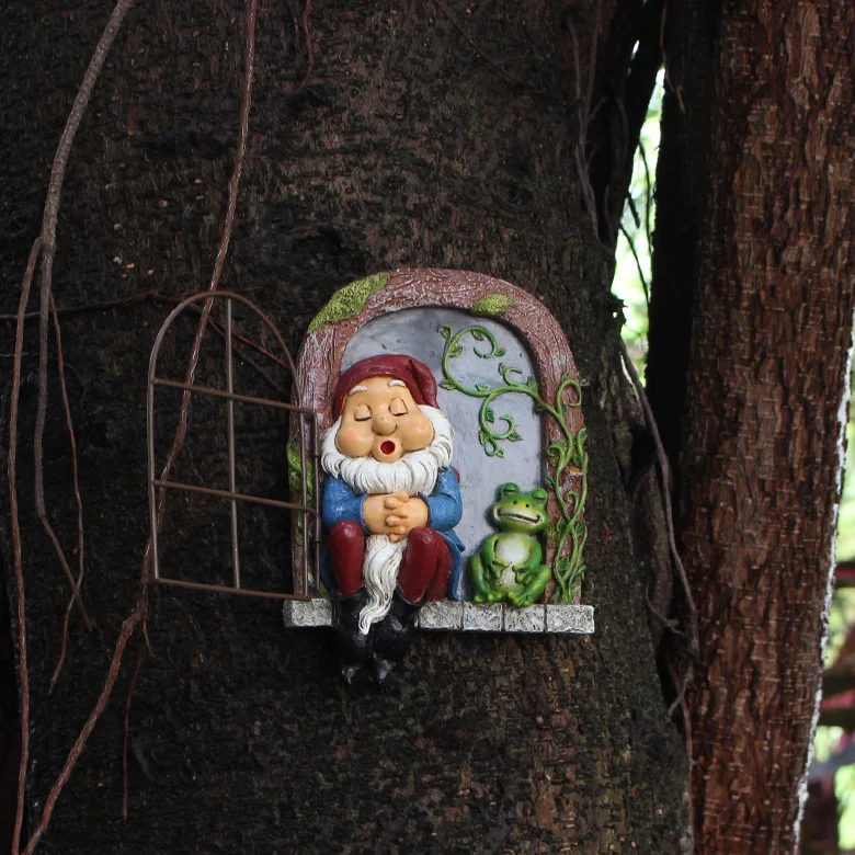 ‌Resin Sleeping Gnome Window Decor - Handmade Garden Ornament, Cute Dwarf Hanging Figure for Balcony