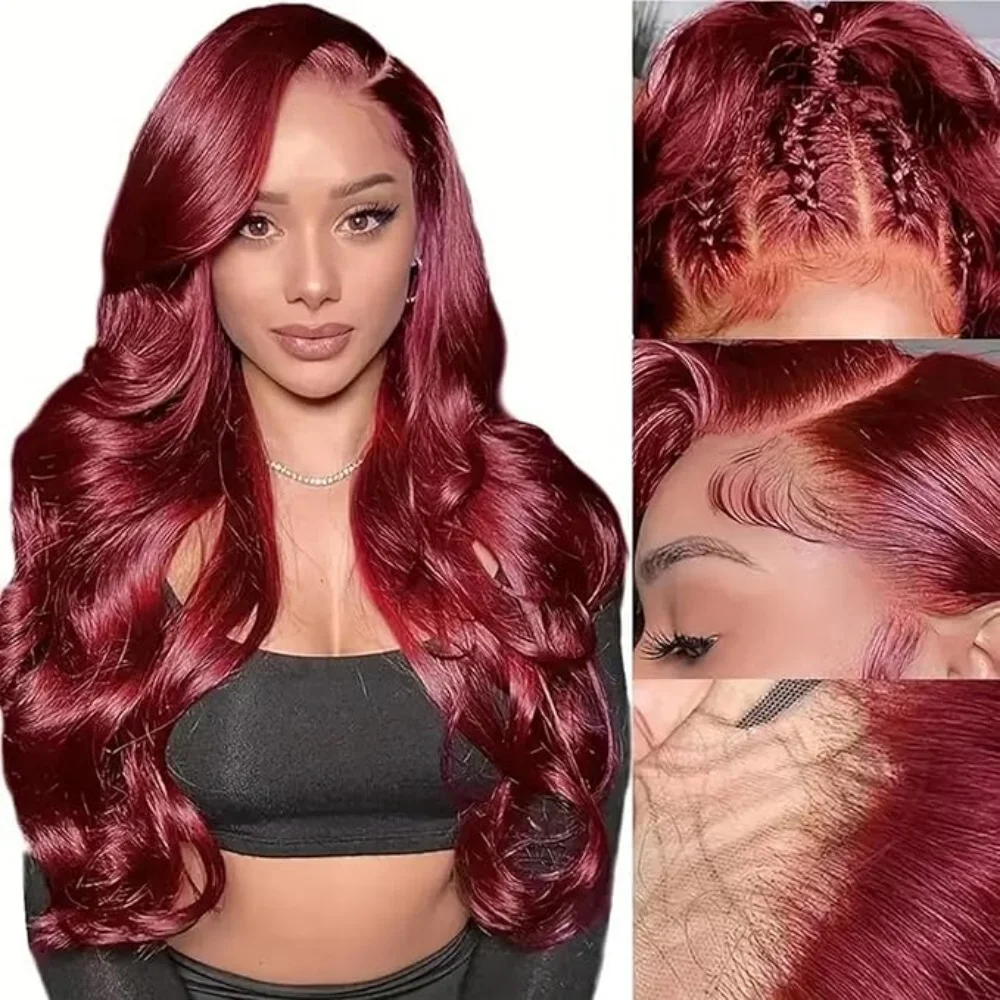 

200% Density 13x4 99J Body Wave Lace Frontal Wigs Brazilian HD Lace Frontal Human Hair Transparent Water Wave Red Colored Wigs