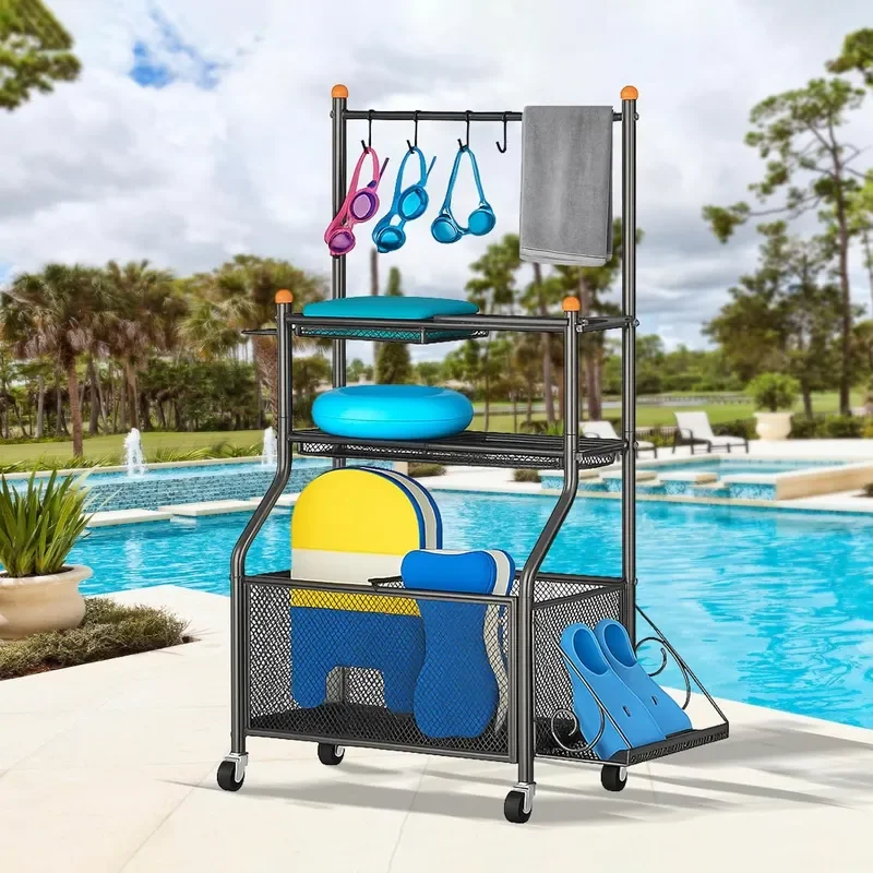 Pool Float Storage Holder Large Steel Organizer with Hooks Towel Rack Side Platform Wheels for Poolside Patio Indoor 31.8 x