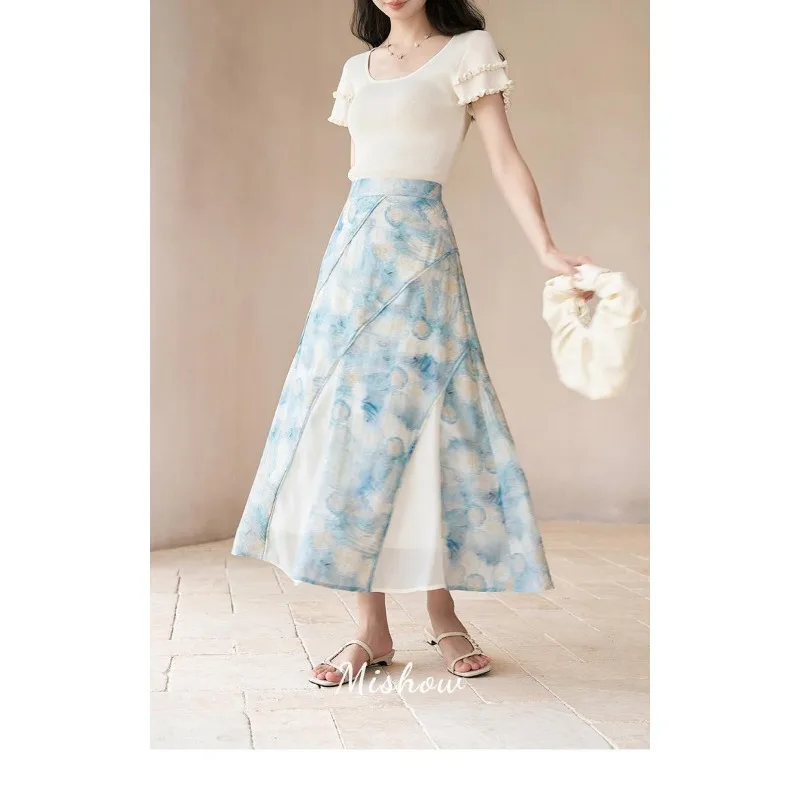 

Women's Blue Beige Floral Print Maxi Skirt with Built-in Lining