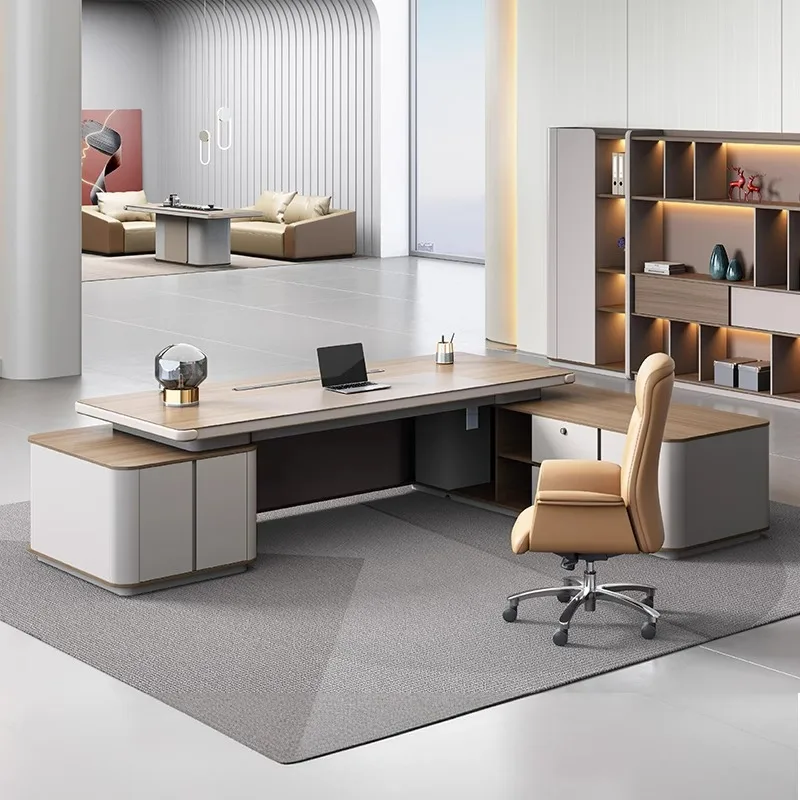 Modern Executive Desk for CEO, 180x90x75cm Skin-Finish Baking Enamel Office Desk Set with Manager Chair, Luxury Boss Desk