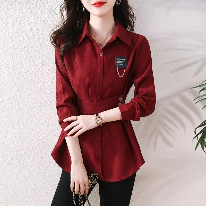 Casual coreano bandagem cintura manga longa camisa moda roupas femininas outono elegante chique polo-pescoço botão blusa de cor sólida