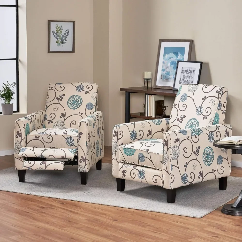 

Modern Fabric Recliner (Set of 2), Light Beige with Blue Floral,for Small Living Rooms, Reading Lounge Chairs，Living Room Chairs