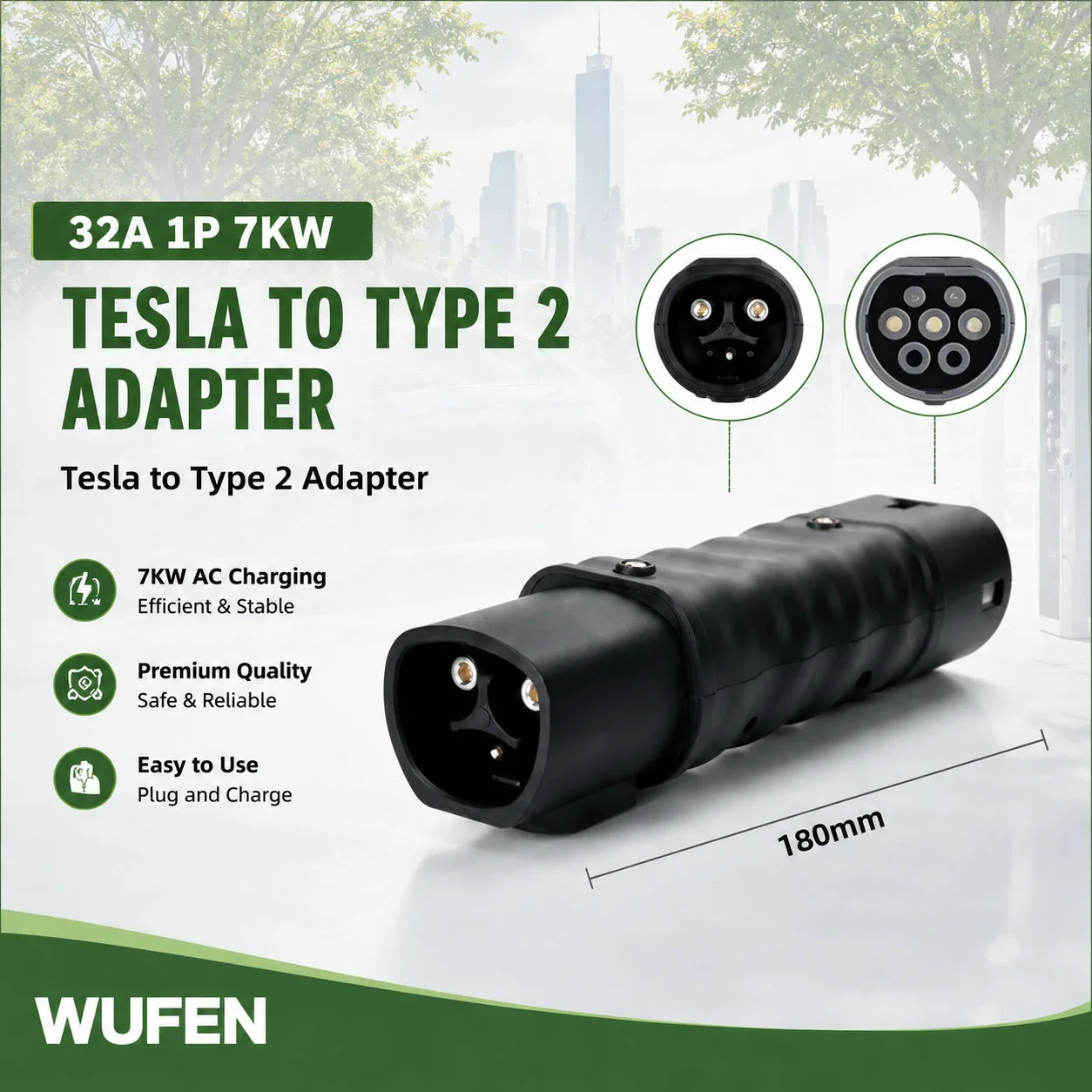 WUFEN for European IEC 62196 Electric Vehicle Charging Tesla to Type 2 Adapter 32A 7KW  EV Charger NACS to Type 2 Connector