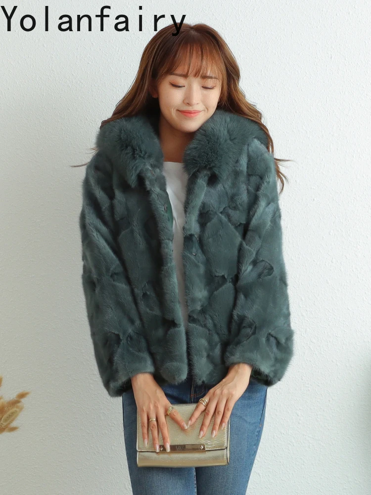 YOLANFAIRY Nowy Naturalny Płaszcz z Futra z Kapturem Odzież Damska 2025 Zimowy Krótki Płaszcz z Prawdziwego Futra Norki Kurtka Kołnierz z Futra Lisa Fourrures