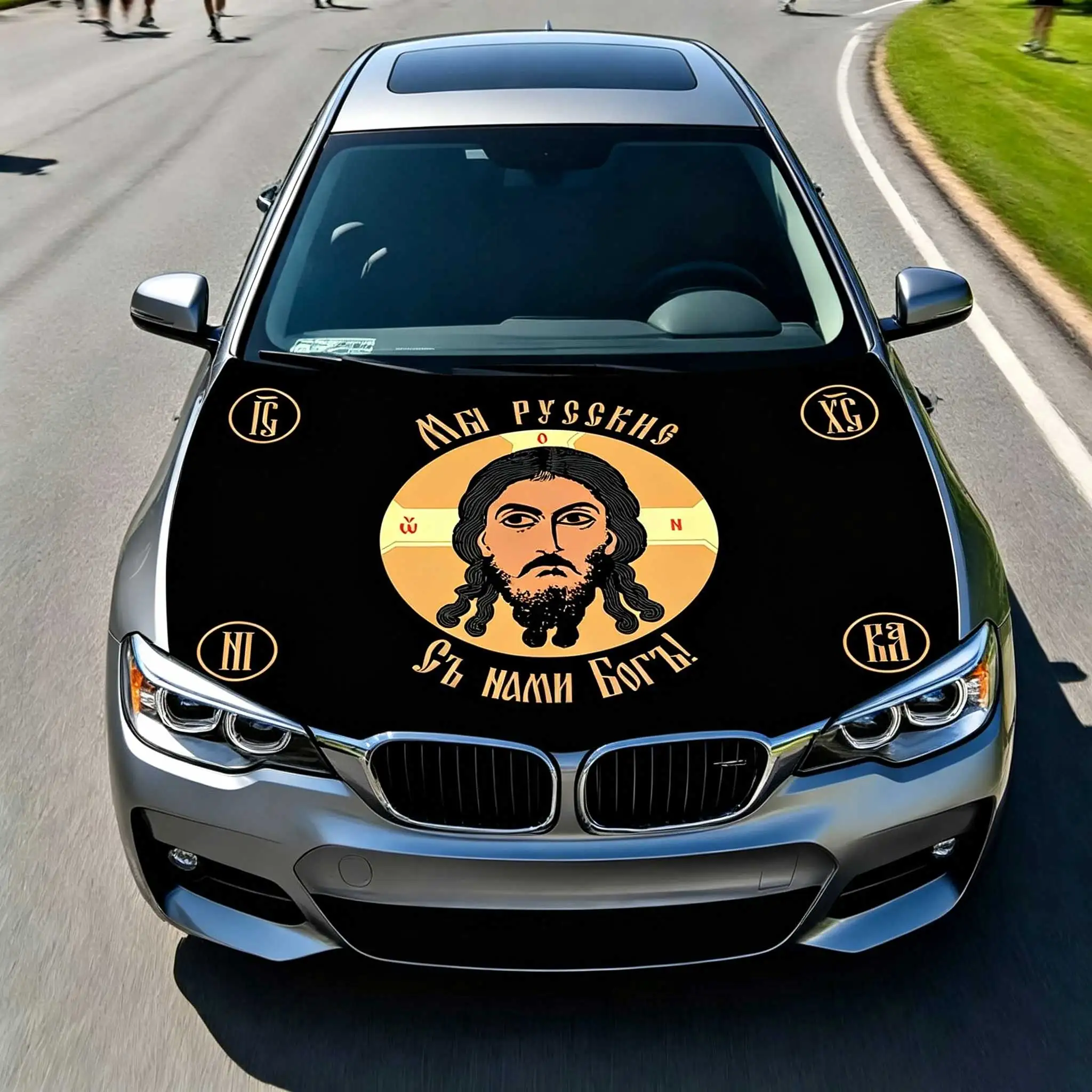 3.8x5.3fts Jesus Christ Flag Banner Car Hood Cover Flag Elastic Fabrics Engine Cover For Decoration