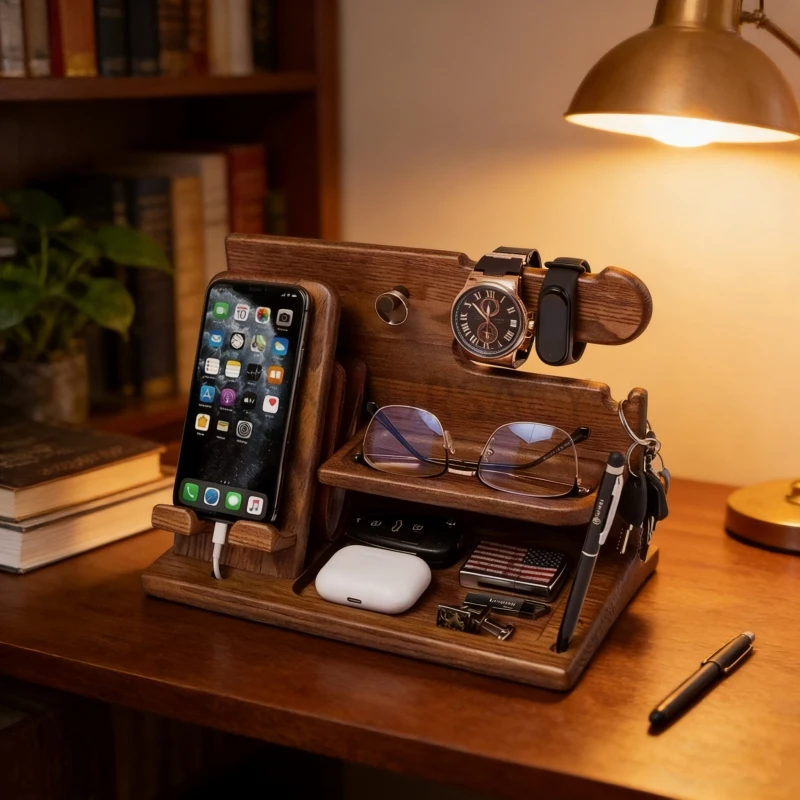 

Bedroom Wooden Storage Rack, Multi-Functional Desktop Organizer for Phone Watch Glasses Headphones, Nightstand Holder