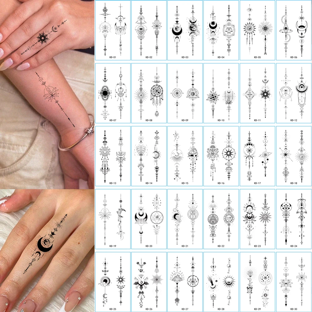 30pcs Temporary Tattoo Stickers for Hand Fingers Flower Moon Lotus Tattoo Stickers For Women Men Wrists Neck Collarbones Decor