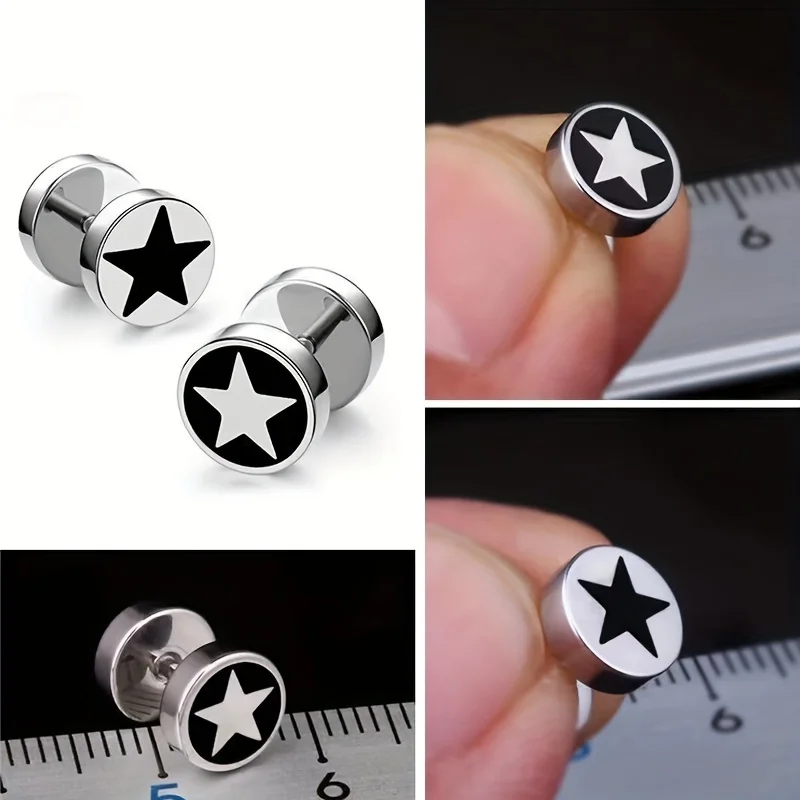 2pcs Unisex Fashion Street Cool Stainless Steel Star Round Dumbbell Stud Earrings for Men Women Daily Party Wear Jewelry 8mm