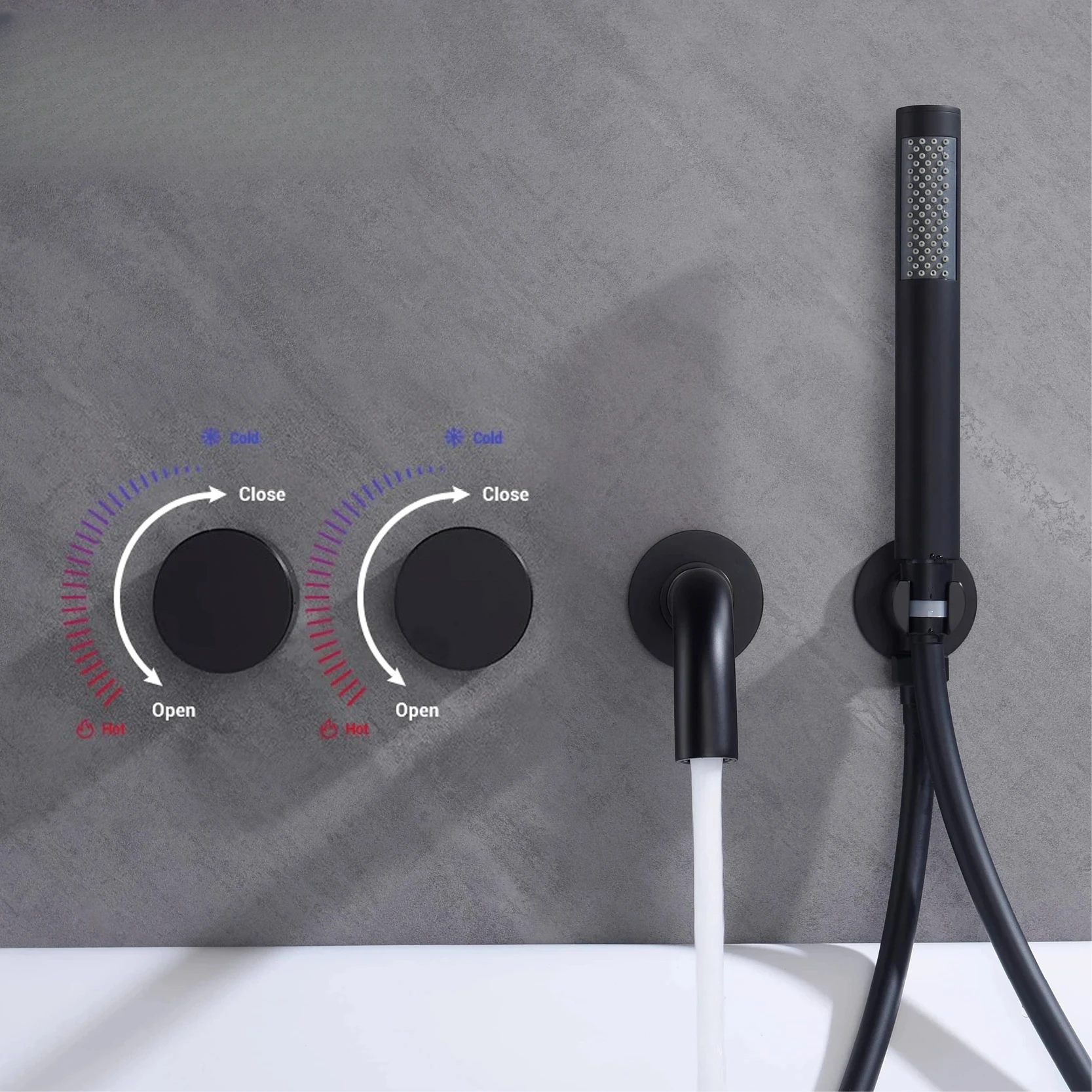 

Black Luxurious Brass Bathroom Faucet Wall Mounted Design 2 Handles With Dual Control Of Hot And Cold Simple Bathtub Tap