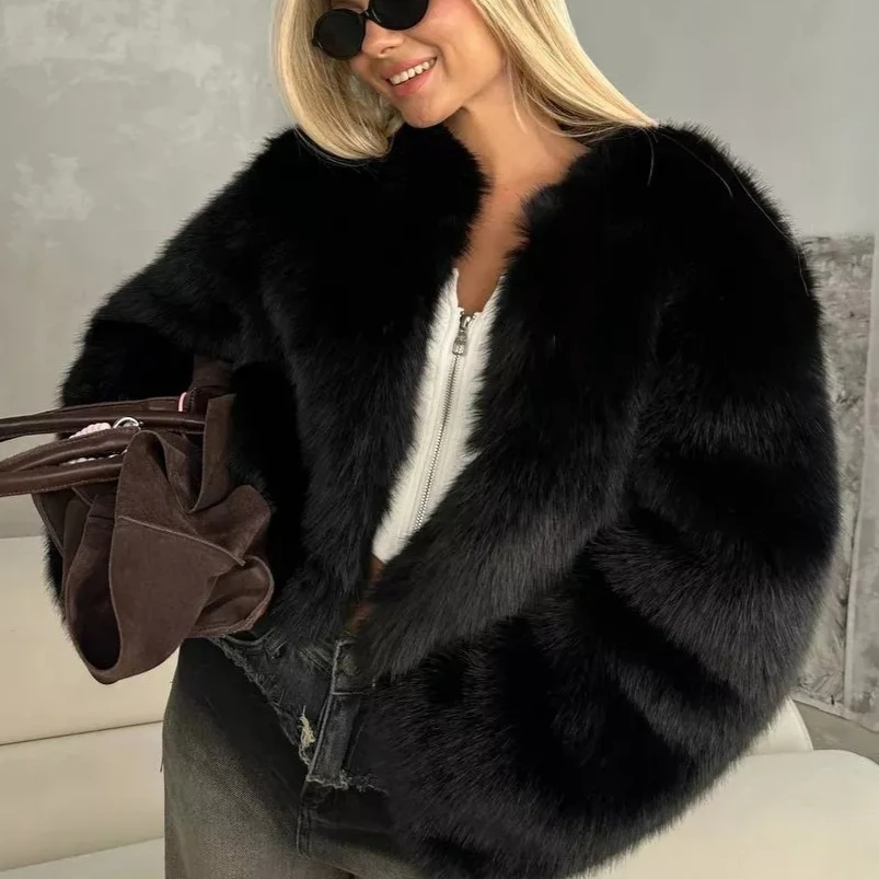 Women Faux Fur Coats Solid Short Jackets Long Sleeve Round Neck Open Stitch Thick Straight Fit Elegant Casual 2026 Autumn Winter