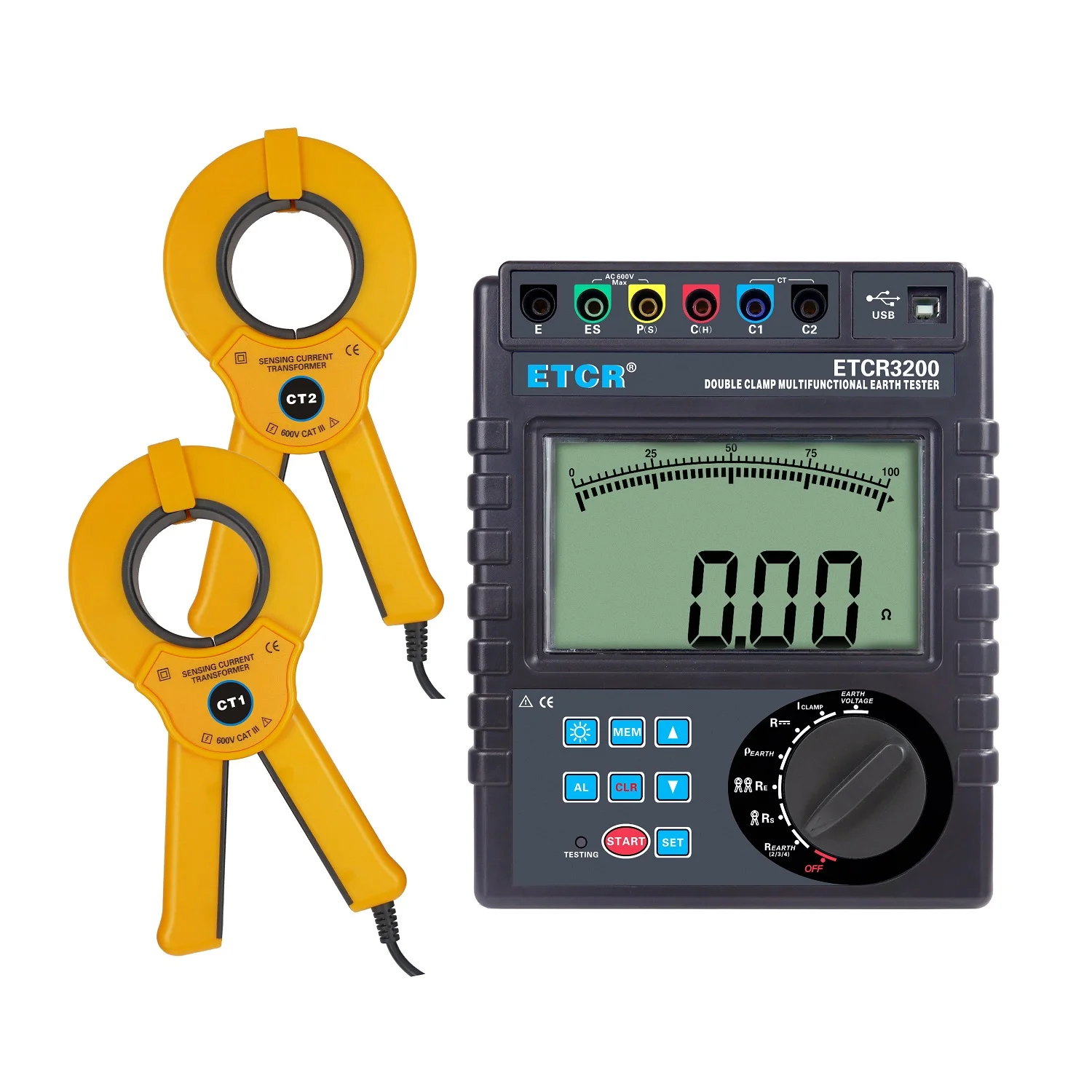 ETCR3200 ETCR3200C Double Clamp Ground Resistance Tester 300KΩ-9000KΩm Earth Current Detector 600A Soil Resistivity Meter