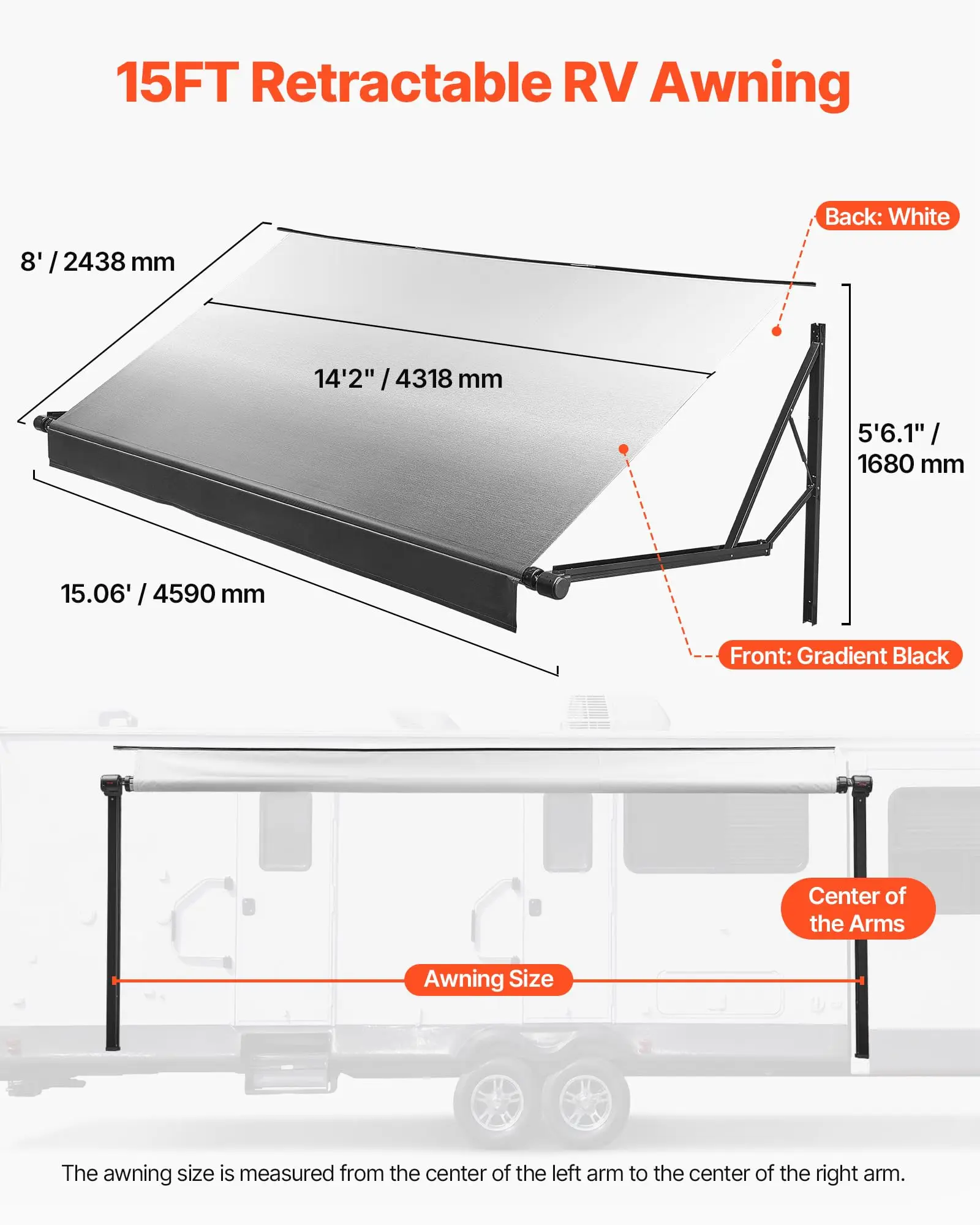 Motorized RV Awning Complete Kit, 15.06FT Electric Retractable RV Awning with Aluminum Alloy Frame & Waterproof Fabric