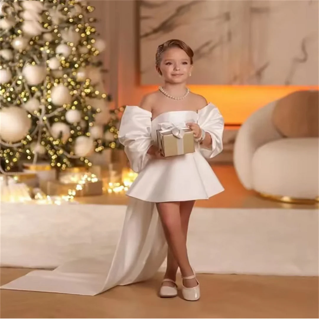 lvory Satin Mini Girl Flowers Dress Off The Shoulder Short Bow Birthday Party Gowns Princess Celebrity Dress Customized