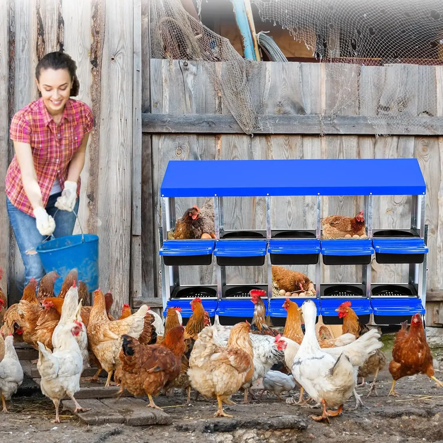 2-Tiers 10 Room Metal Chicken Nesting Box 10 Compartment Wall Mountable Nesting Boxes with Leg Galvanized Steel Laying Boxes for