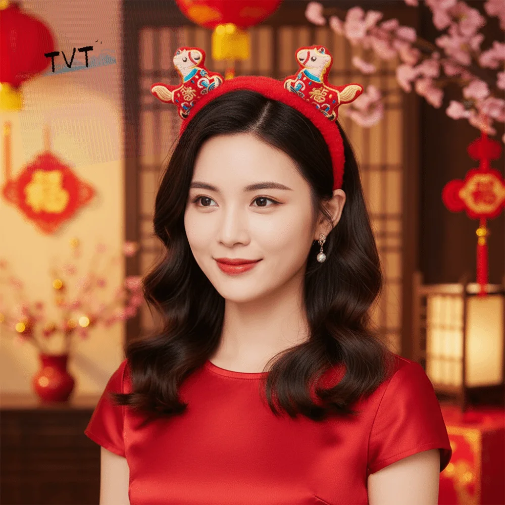 

Exquisite Cartoon Horse Hair Hoop Mascot Plush New Year Headband Red Headwear New Year Headpiece Photo Prop