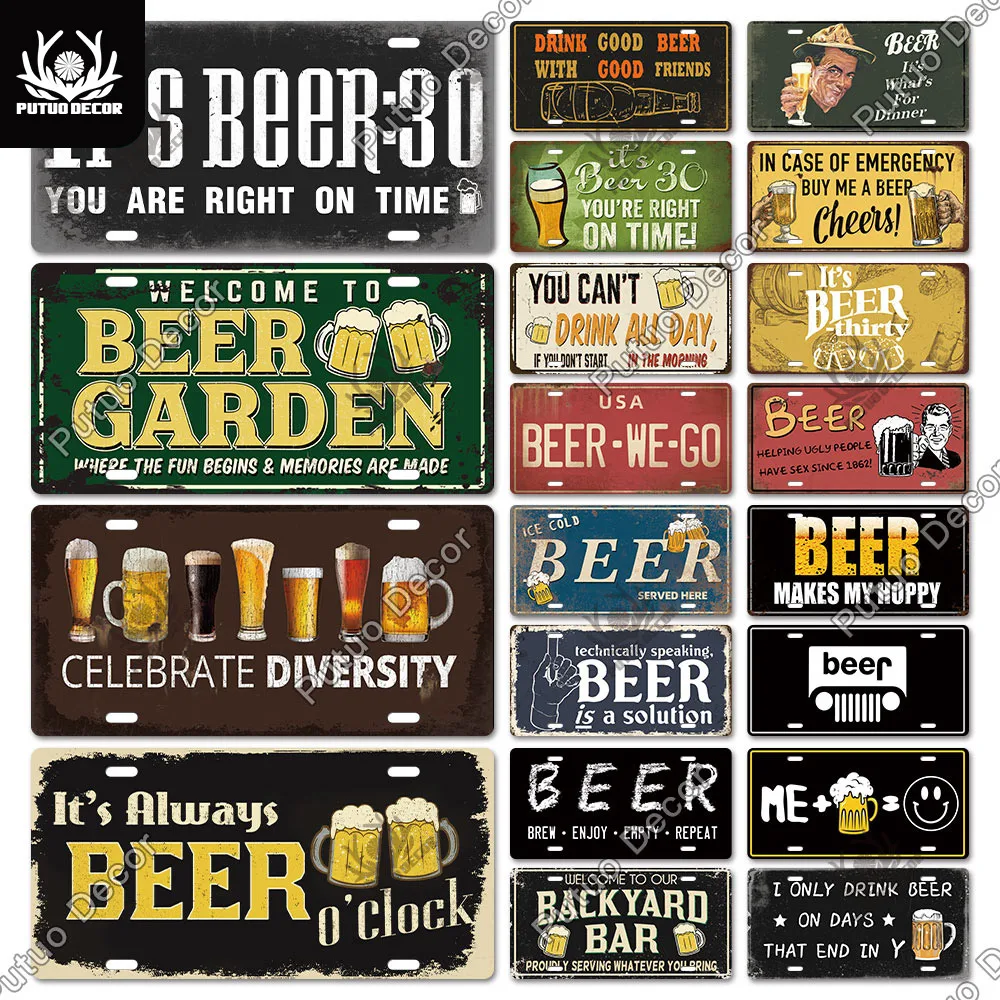 Putuo Decor Beer Metal Sign Plaque Metal Vintage License Plate tin sign Decoration for Bar Pub Man Cave Living Room Wall Decor