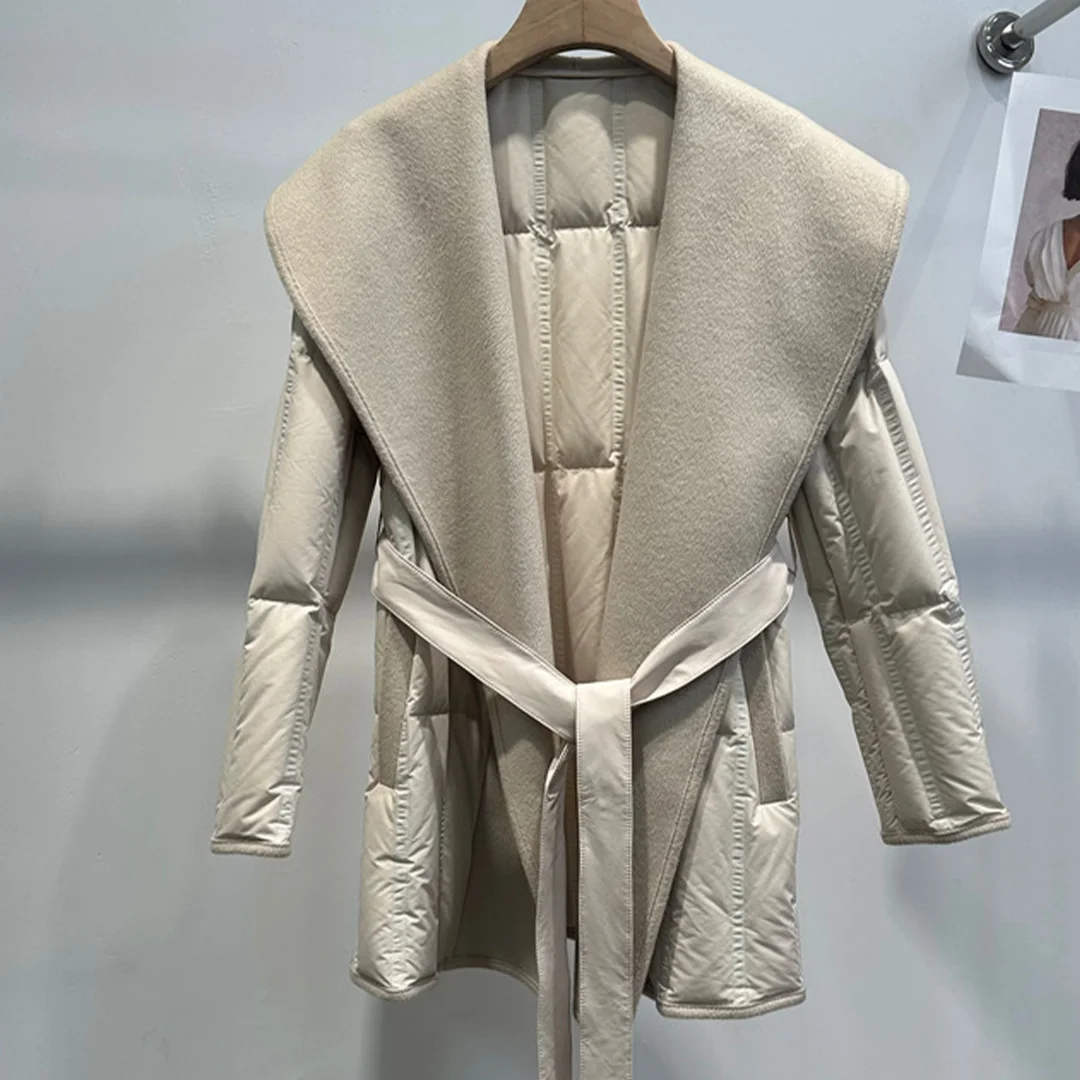 両面カシミヤコートとホワイトグースダウンジャケット、ウエストを強調するタイフロントダウンジャケット（女性用）