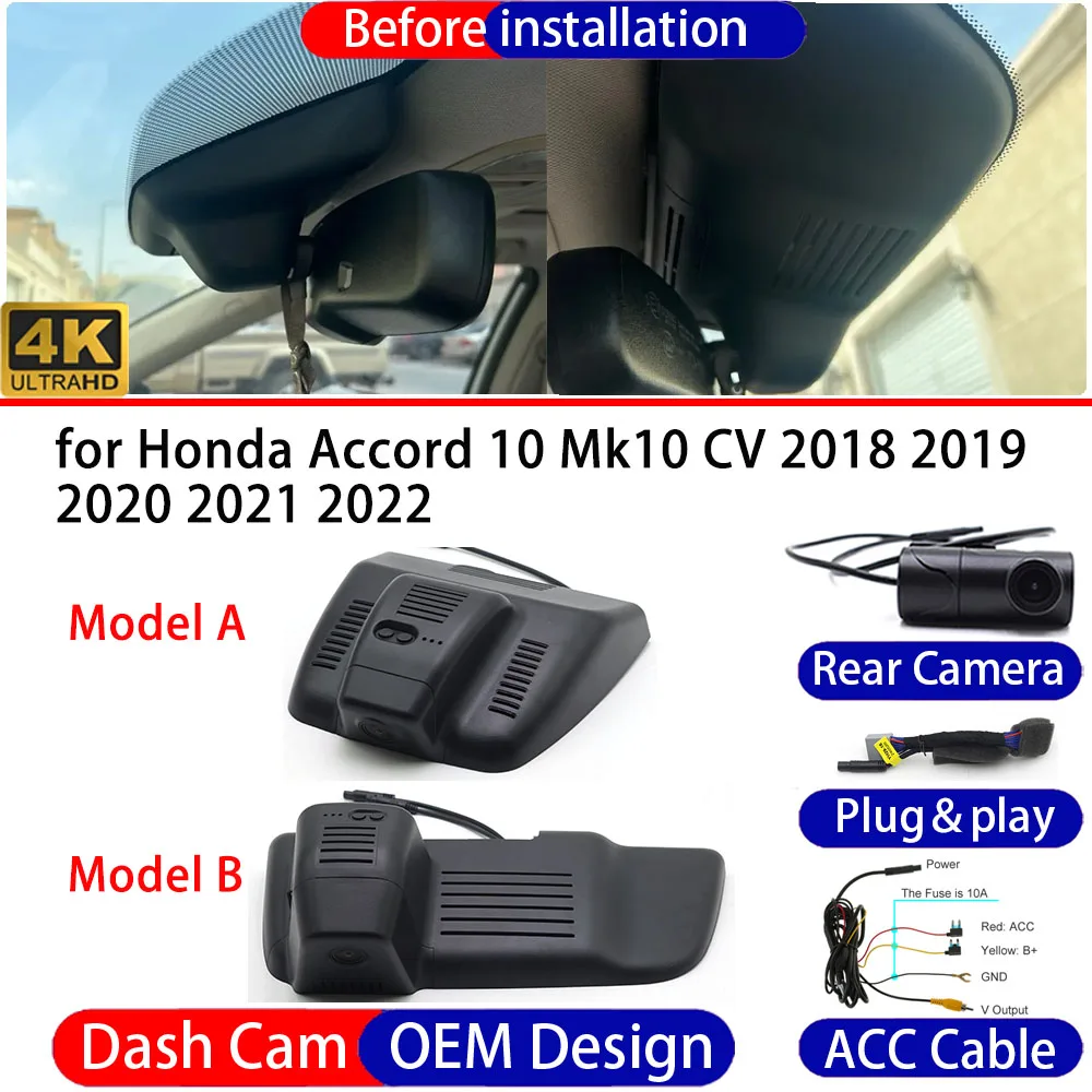 Dash Cam for Honda Accord 10 Mk10 CV 201-2022 Front＆Rear 4K DVR Dashboard Camera Video Drive Recorder Night Vision Parking Mode