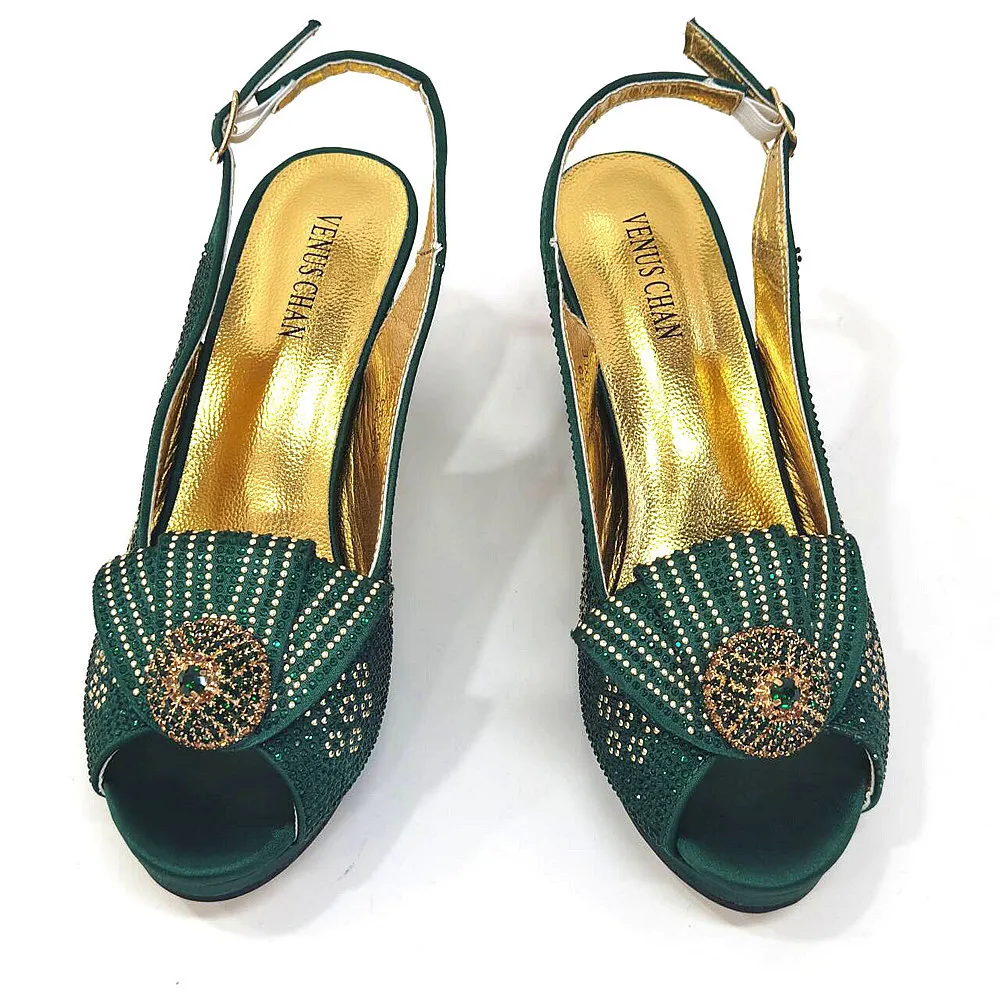 Pattern Popularity Newest Sandals Ladies Shoes and Bag Set Full Diamond Fashion Design Green Color Pumps for Wedding Party