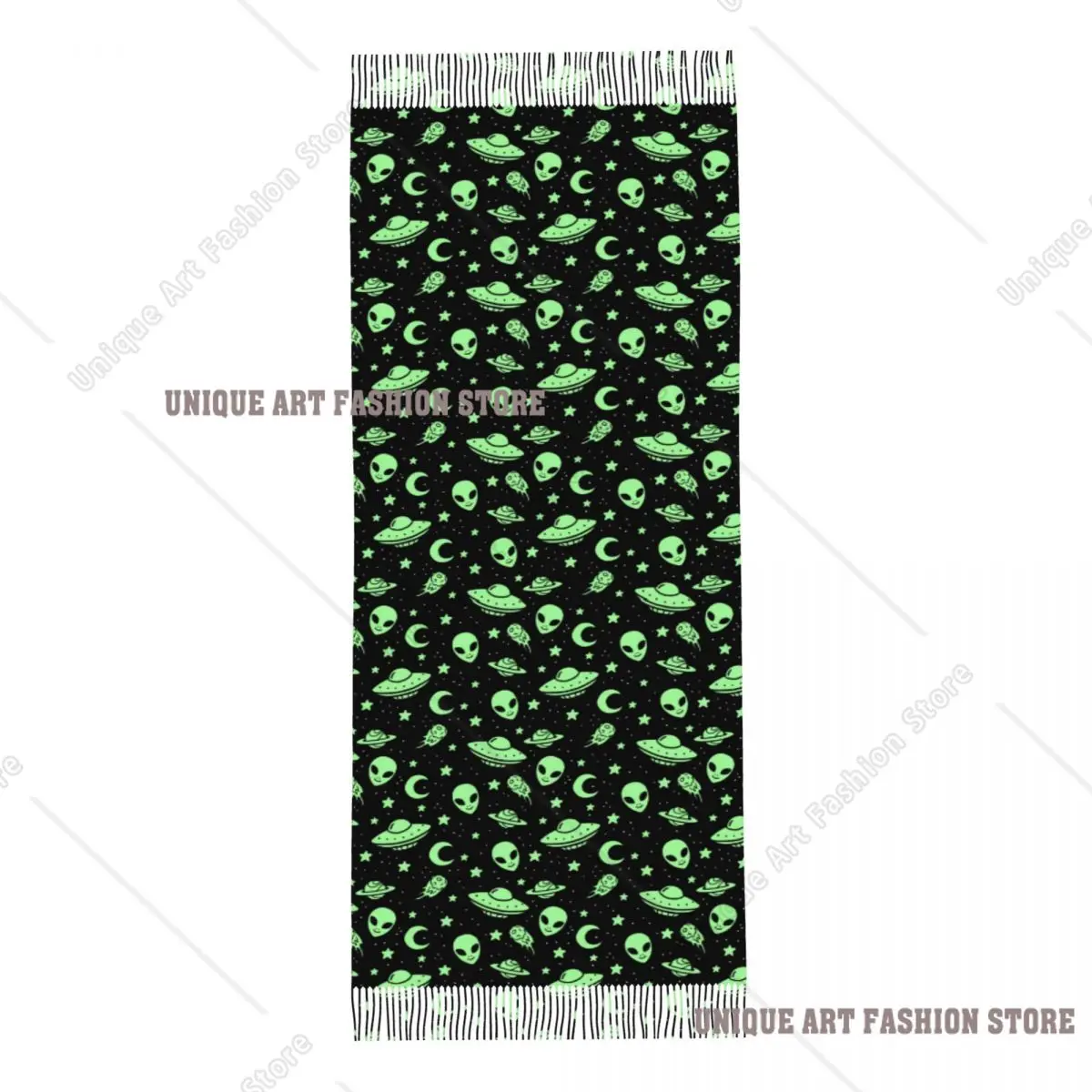 ผ้าพันคอผู้หญิงลายเอเลี่ยนและยานอวกาศ ผ้าพันคอไหมพรมนุ่ม อุ่น สำหรับฤดูใบไม้ร่วงและฤดูหนาว พร้อมพู่ห้อย