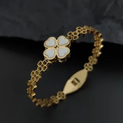 New four-leaf clover white shell hollow stainless steel gold-plated bracelet, high-quality waterproof silver bracelet for girls