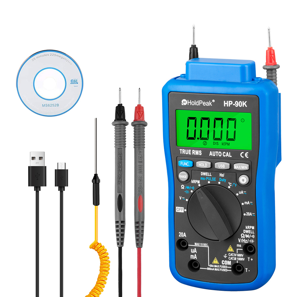  HoldPeak  Engine Analyzer Tester HP-90K Auto Range Car Diagnostic Tool with Data Output by USB Automotive Multimeter Multimetro 